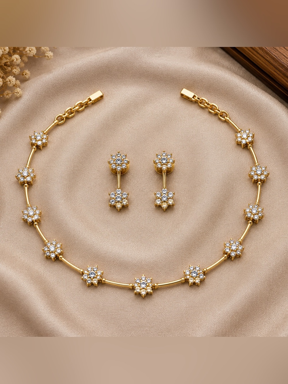 Gold Floral CZ Necklace and Stud Earrings Set